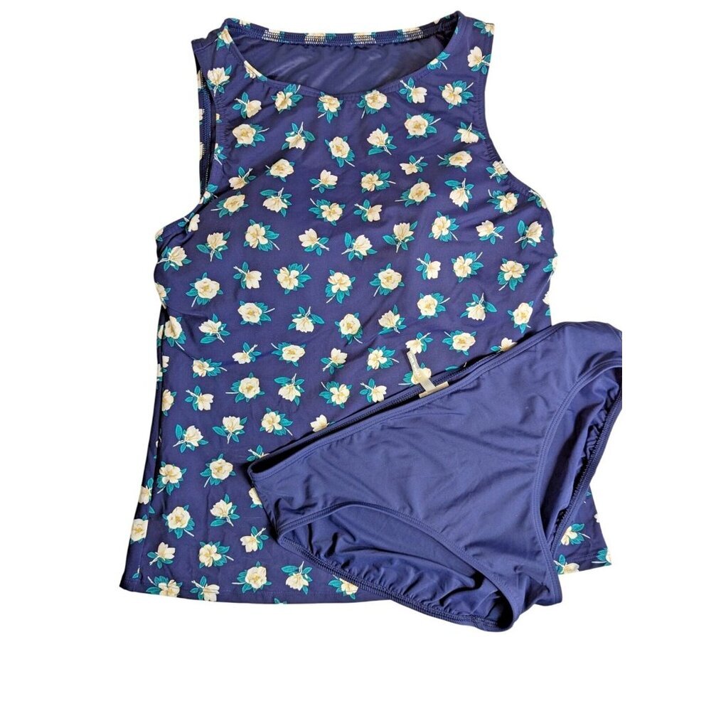 Lands End Draper James size 12 Swimsuit Blue Floral Tankini 2 Piece Navy Beachy